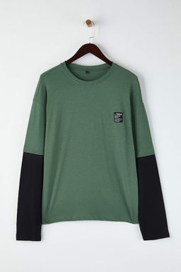 Yesil - Siyah Oversize/ Genis Kesim Etiketli Uzun Kollu T-Shirt TMNAW26TS00002