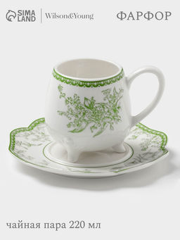 Чайная пара WY Bloomware, 2 предмета; чашка 220 мл, блюдце 15 см, фарфор, белая, зелёная