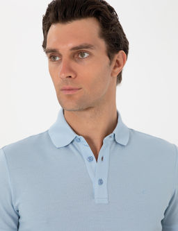 Buz Mavisi Slim Fit Polo Yaka Pamuklu Basic T-shirt