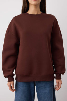 Koyu Kahverengi Oversize/Rahat Kesim Bisiklet Yaka Kal?n/Ici polarl? Orme Sweatshirt TWOAW24SW00102