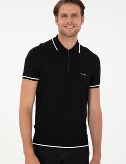 Siyah Slim Fit Fermuarl_ Polo Yaka Y_n Kar___ml_ Triko Ti__rt - Pierre cardin фото 3