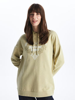 Kap??onlu Bask?l? Uzun Kollu Kad?n Sweatshirt Tunik