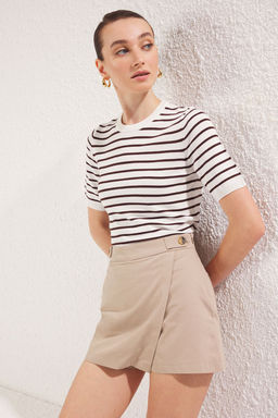 TRENDYOLMILLA Bej Keten Gorunumlu Pileli Dokuma Sort & Bermuda TWOSS25SR00062  фото 3