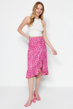 TRENDYOLMILLA K?rm?z? Bask?l? Buzgu Detayl? ve Volanl? Yuksek Bel Esnek Etek TWOSS21ET0029 фото 2