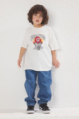 Lacivert Erkek Cocuk Slogan Bask?l? Regular/Normal Kal?p K?sa Kol Orme T-Shirt TKDSS25TS00031