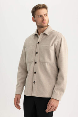 Шерстяная куртка-рубашка с длинными рукавами и воротником-поло Relax Fit - Defacto фото 5