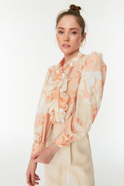 Turuncu Cicek Desenli F?rf?rl? Sifon Kumas Regular Normal Kal?p Dokuma Gomlek TWOAW22GO0117