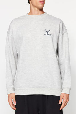 TRENDYOL MAN Antrasit Melanj Oversize/Genis Kesim Uzun Kol Hayvan Nak?sl? Sweatshirt TMNAW24SW00164 - Trendyolmilla фото 6