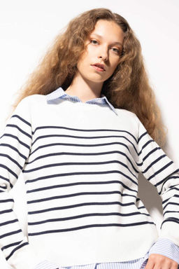 Regular Fit Yumusak Dokulu Bisiklet Yaka Cizgili Triko Kazak - Defacto фото 3