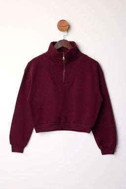 Bordo Kal?n Ici Polarl? Dik Yaka Yar?m Pat Fermuar? Crop Orme Sweatshirt TWOAW26SW00233
