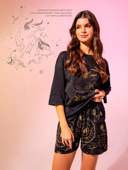 Комплект женский черный Телец из коллекции знаки зодиака черный +знаки зодиака на черном -Телец 592526