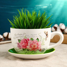 Горшок для цветов в форме чашки «Эмма: цветы» керамический, с поддоном, 1.3 л, 19×15×10 см, бело-зелёный с рисунком