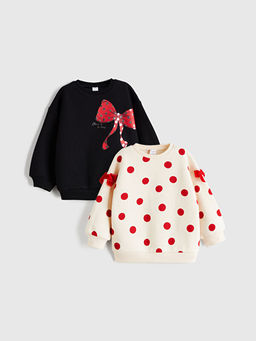 Bisiklet Yaka Bask?l? K?z ?ocuk Sweatshirt 2li