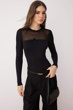 Siyah Merserize Gorunumlu Premium/Ozel Iplikli Transparan Detayl? Triko Kazak TWOAW26KZ00019