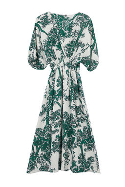 Yesil Cicekli A Kesim Kruvaze Yaka Midi Dokuma Elbise TWOSS24EL01028