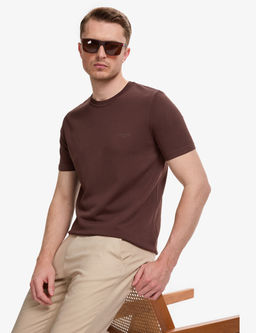 Koyu Kahverengi Slim Fit Bisiklet Yaka Triko Ti__rt