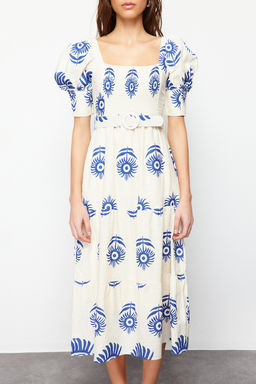 Pembe Desenli Kare Yaka Keten Gorunumlu Kemerli Midi Dokuma Elbise TWOSS24EL00779 - Trendyolmilla фото 12