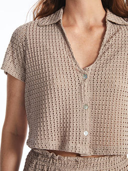 Polo Yaka Ajurlu K?sa Kollu Kad?n Plaj Bluz