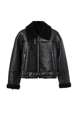 Siyah Regular Kal?p Pelus Detayl? Suni Deri Biker Ceket Mont TWOAW24MO00279