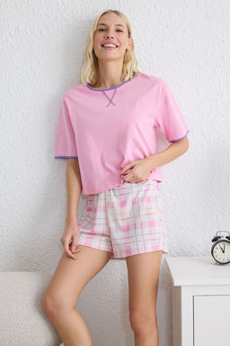 Trendyolmilla Lacivert %100 Pamuklu Ekoseli Biye Detayl? Sortlu Orme Pijama Tak?m? THMSS25PT00097 фото 3