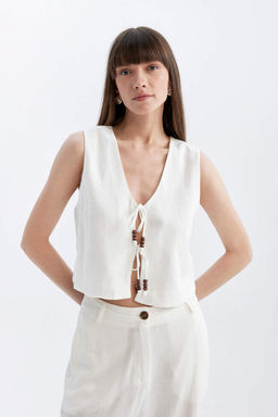 Белый жилет на шнуровке из смесового льна с v-образным вырезом - Defacto фото 5