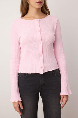 Ac?k Pembe Jakarl? Fitted/Vucuda Oturan Dugme Detayl? Esnek Orme Bluz TWOAW26BZ00046