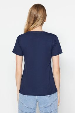 Lacivert-Bej %100 Pamuk 2li Paket Basic Bisiklet Yaka Orme T-Shirt TWOSS20TS0141