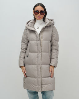 Пальто зимнее утепленное с капюшоном женское бежевого цвета 7618B