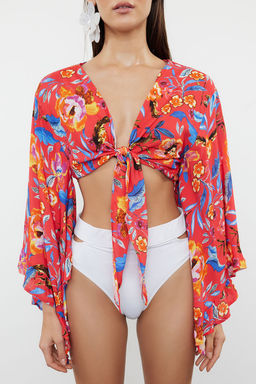 Cicek Desenli Crop Dokuma Baglamal? Plaj Bluz TBESS24BZ00012 - Trendyolmilla фото 3