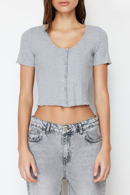 Trendyolmilla Ekru Patl? Crop Havuz Yaka Fitilli Esnek Orme Bluz TWOSS24BZ00364 фото 5