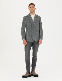 Gri Ex.Slim Fit %100 Y_n _izgili Kruvaze Ceket