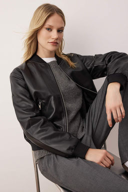 Siyah Regular Kal?p Suni Deri Bomber Ince Ceket Mont TWOAW26MO00084 - Trendyolmilla фото 11