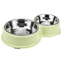 Миска для кормления животных из нержавеющей стали Обед 0,18л/0,45л, д11см h2,8см/д14см h4см, 2 штуки на пластмассовой подставке 28х17х5см, цвета микс (Китай)
