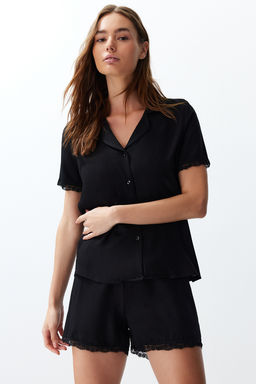 Trendyolmilla Siyah Dantelli Viskon Sortlu Dokuma Pijama Tak?m? THMSS24PT00181  фото 7