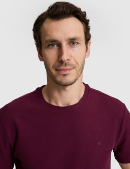 Bordo Slim Fit Saf Pamuk _nce Fitilli Bisiklet Yaka T-shirt