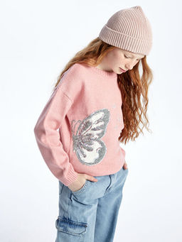 Bisiklet Yaka Desenli Uzun Kollu K?z ?ocuk Triko Kazak