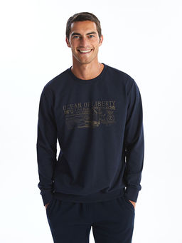 Bisiklet Yaka Uzun Kollu Bask?l? Erkek Sweatshirt