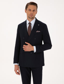 Lacivert Ex. Slim Fit _izgili Kruvaze Tak_m Elbise