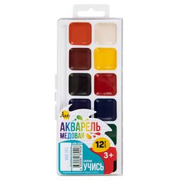 Краска акварель Лео Учись медовые, без кисти в пластиковой упаковке с европодвесом LNW-0112 12 цв