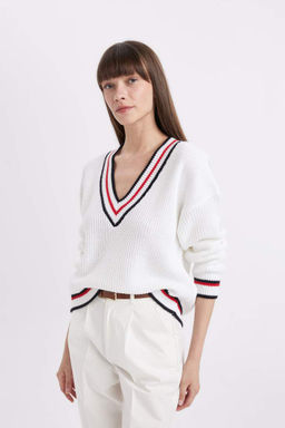 Свитер из ткани Selanik Relax Fit с V-образным вырезом - Defacto фото 3