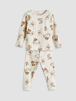 Bisiklet Yaka Uzun Kollu Winnie the Pooh Bask?l? Erkek Bebek Pijama Tak?m?