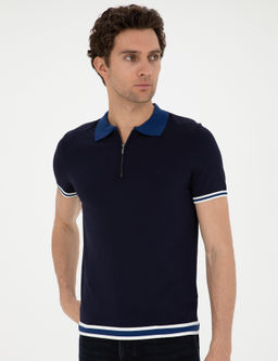 Темно-синяя трикотажная футболка узкого кроя с воротником-поло - Cacharel фото 3