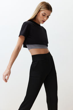 Siyah Gri Melanj 2 Katmanl? Reflektor Bask?l? Crop Orme Spor T-Shirt THMSS24TS00001