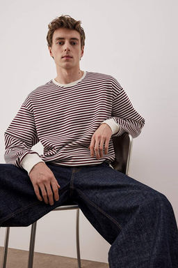 Bordo Oversize/Geni_ Kesim _izgili __i Polarl_ Pamuklu Sweatshirt TMNAW24SW00065