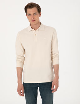 Bej Slim Fit K_vr_lmaz Polo Yaka Basic Pike Sweatshirt