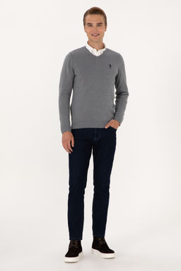 Erkek Slim Fit V Yaka Gri Melanj Basic Kazak - U.s. polo assn фото 11