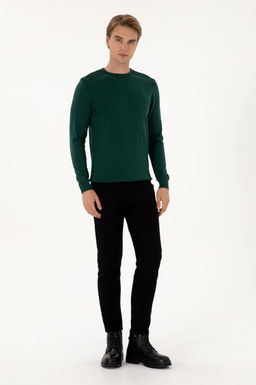 Erkek Slim Fit Bisiklet Yaka Ye_il Basic Kazak