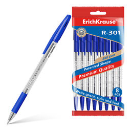 Цена за 24 шт. Набор из 8 ручек шариковых ErichKrause R-301 Stick&Grip Classic 1.0, цвет чернил синий (в пакете)