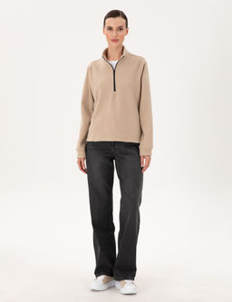 Bej Comfort Fit Fermuarl_ Polar Sweatshirt