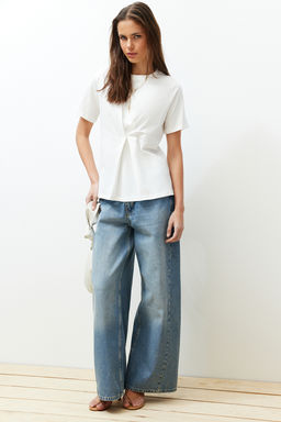 Ekru Onden Pilise Detayl? Regular/Normal Kal?p Bisiklet Yaka Orme Bluz TWOSS24BZ00302